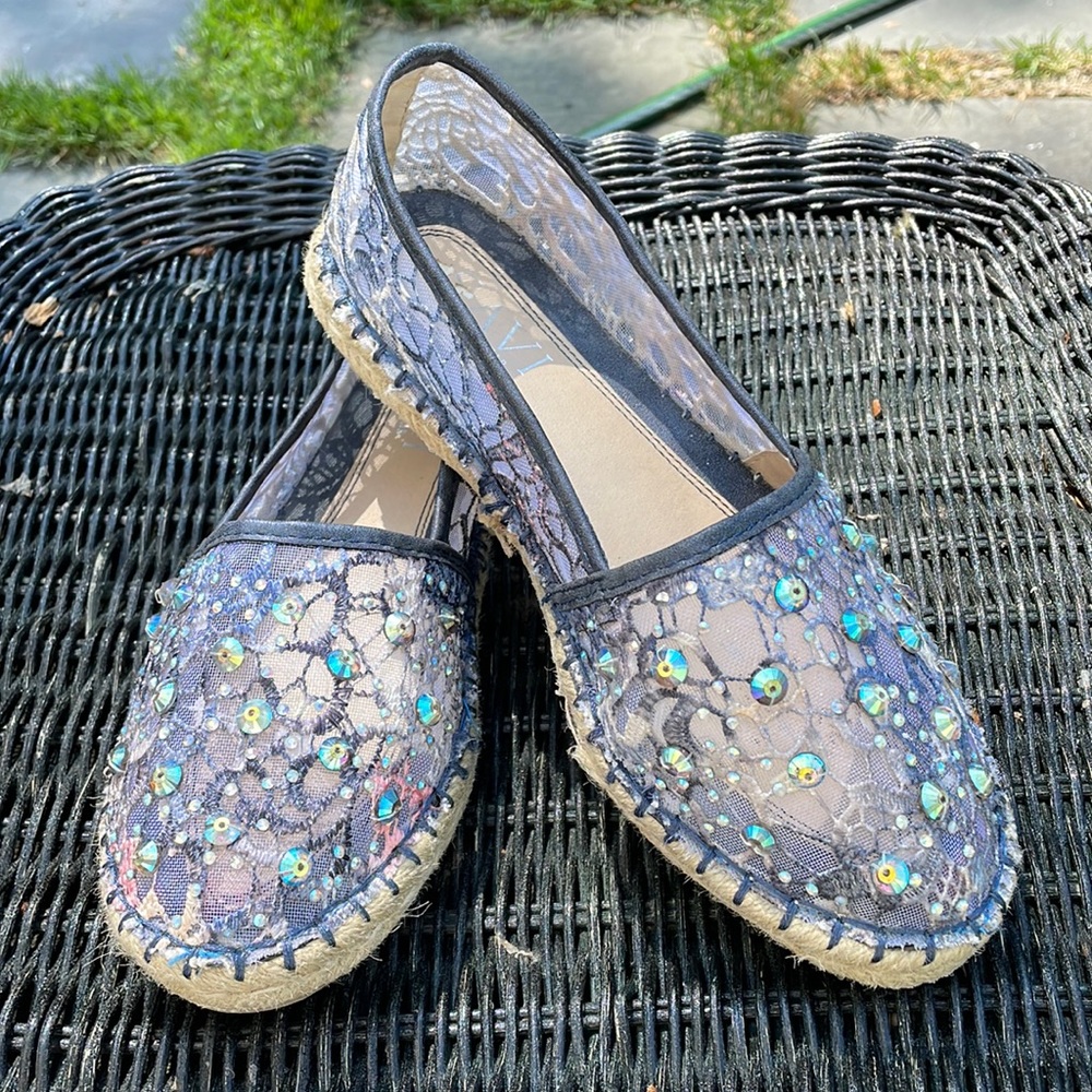 Navy Embellished Sequin Mesh Espadrilles Sz 8